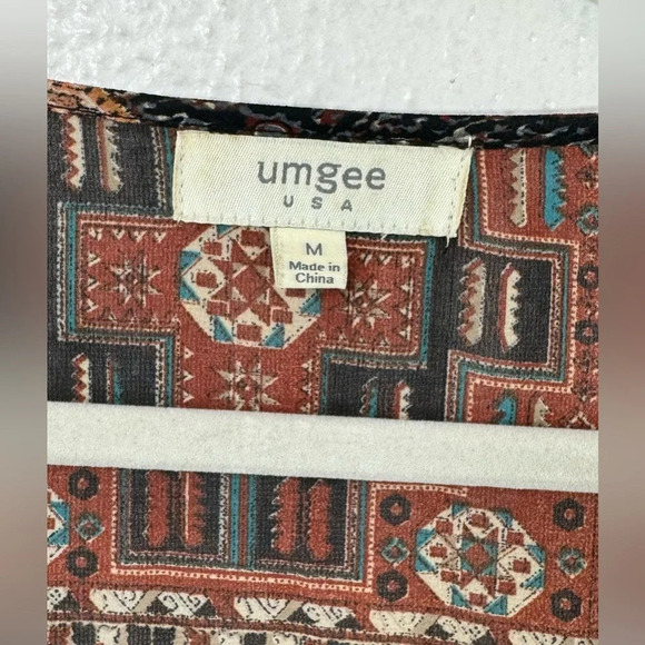 Umgee Bohemian Brown Half Button Down Peplum Semi Sheer Blouse Top Womens Medium - Picture 3 of 10